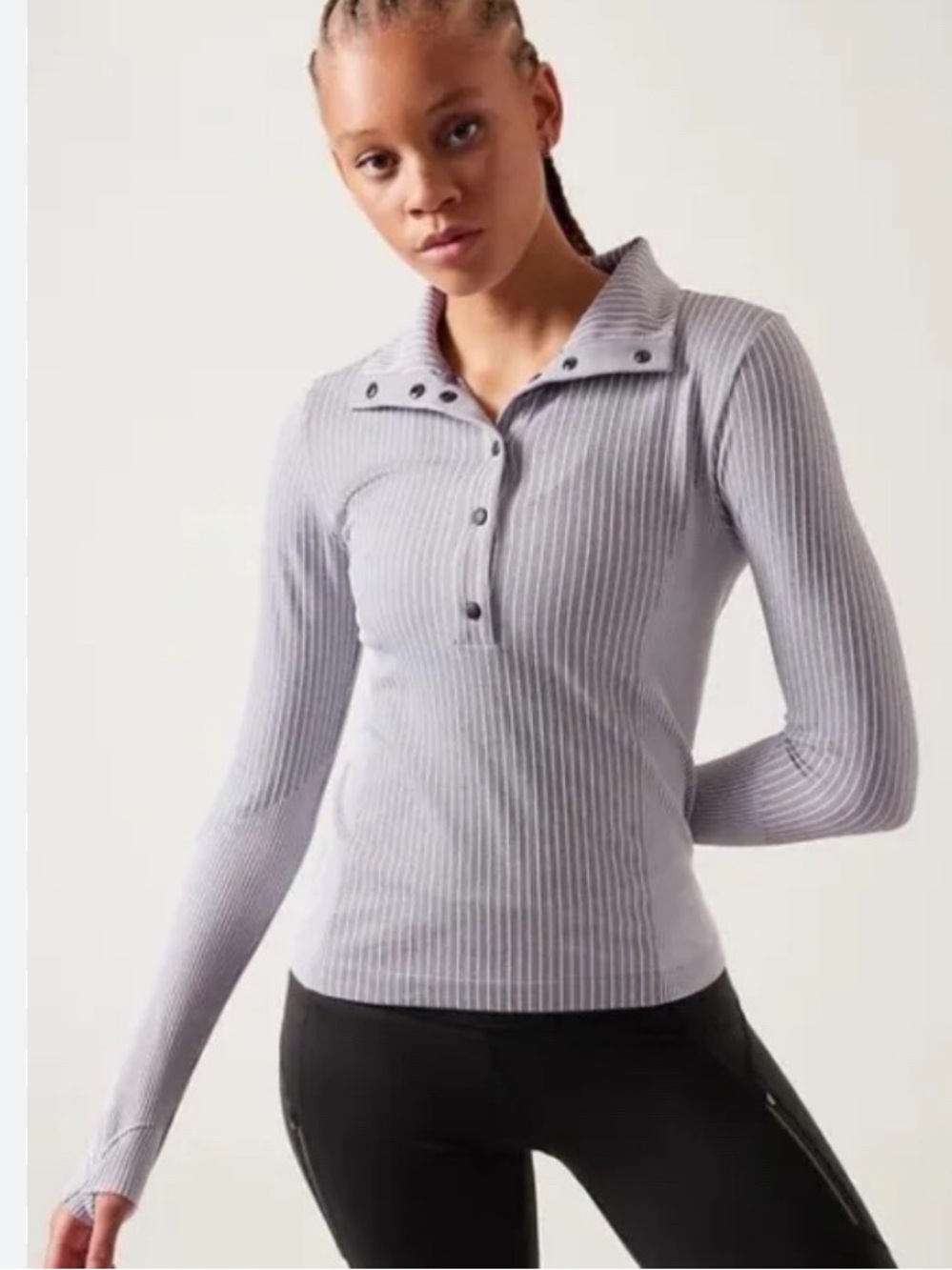 Athleta Ribbed Snap-Front Long Sleeve Top - Light Gray
